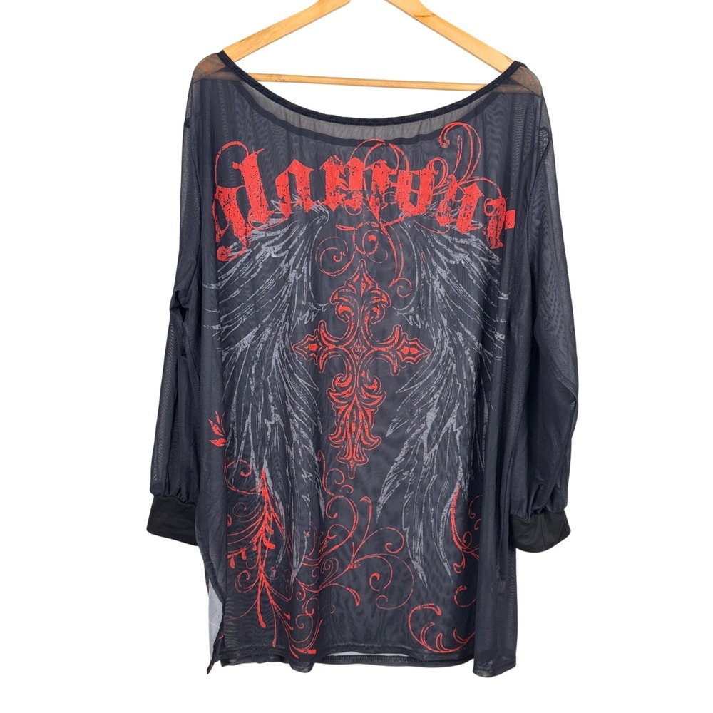 Womens Graphic Mesh Sheer Top 1XL Long Sleeve Cross Angel Wing Y2K Alt Gothic